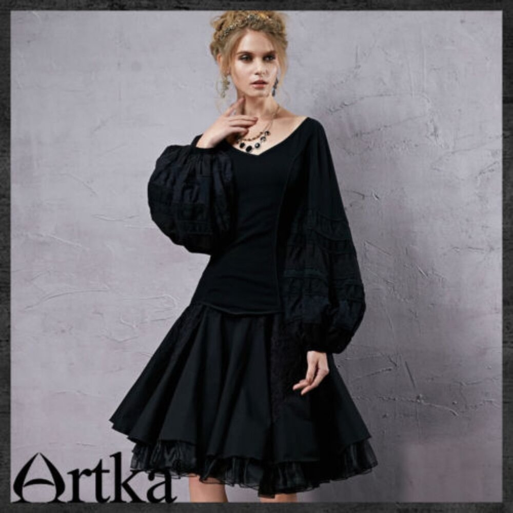 QUIRKY ARTKA GOTH LANTERN SLEEVE V-NECK EMBROIDERED COTTON SHIRT GYPSY S M L